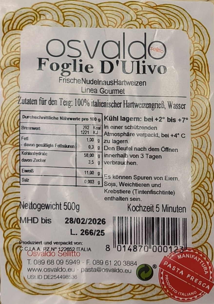 Etikett und Produktansicht von handgemachten Foglie d’ulivo Pasta in Olivenblattform - Artikel 123