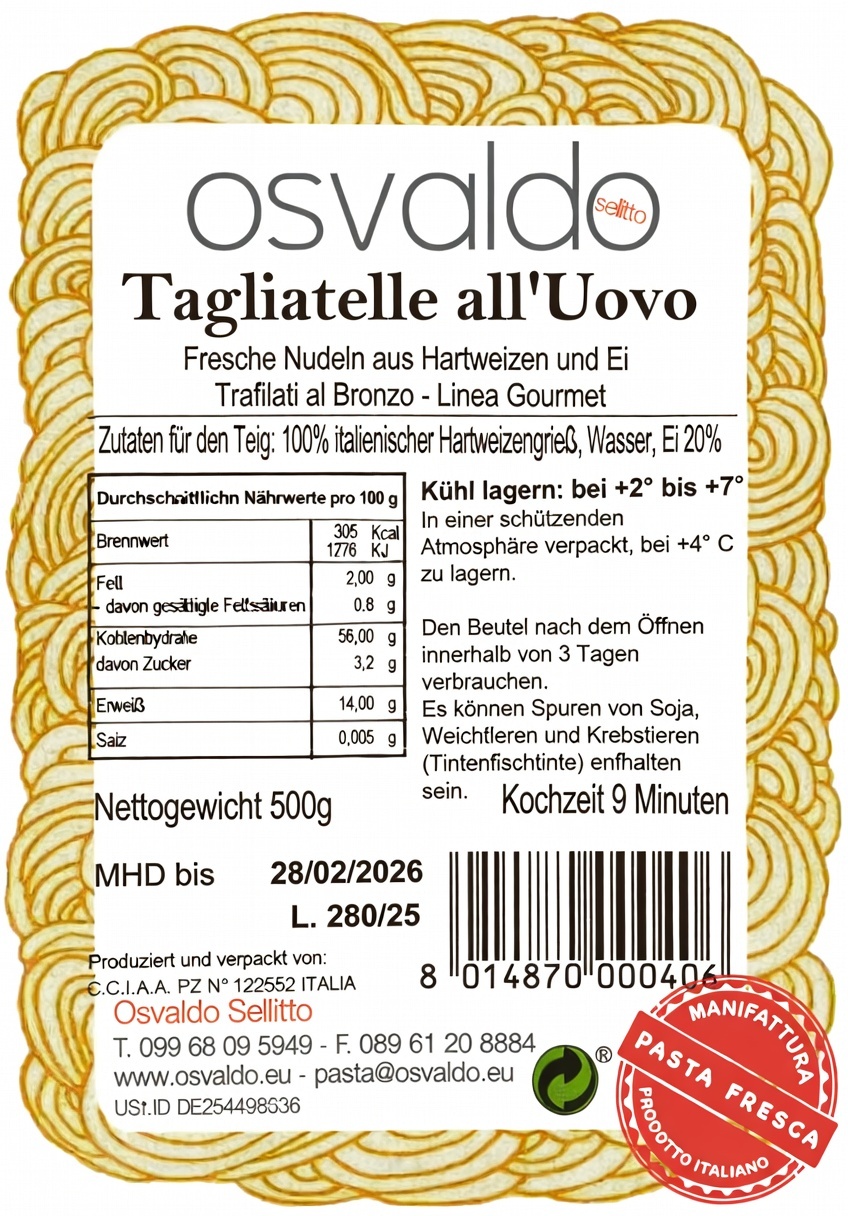 Frische Tagliatelle all'Uovo in der 500g Verpackung von Osvaldo