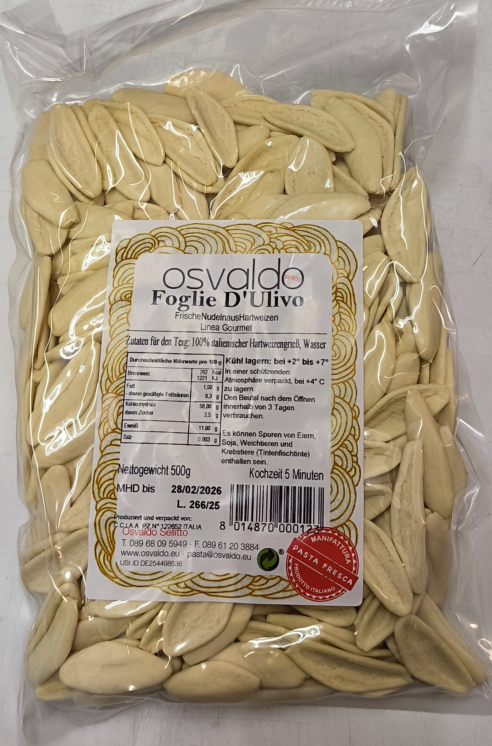 Etikett und Produktansicht von handgemachten Foglie d’ulivo Pasta in Olivenblattform - Artikel 123