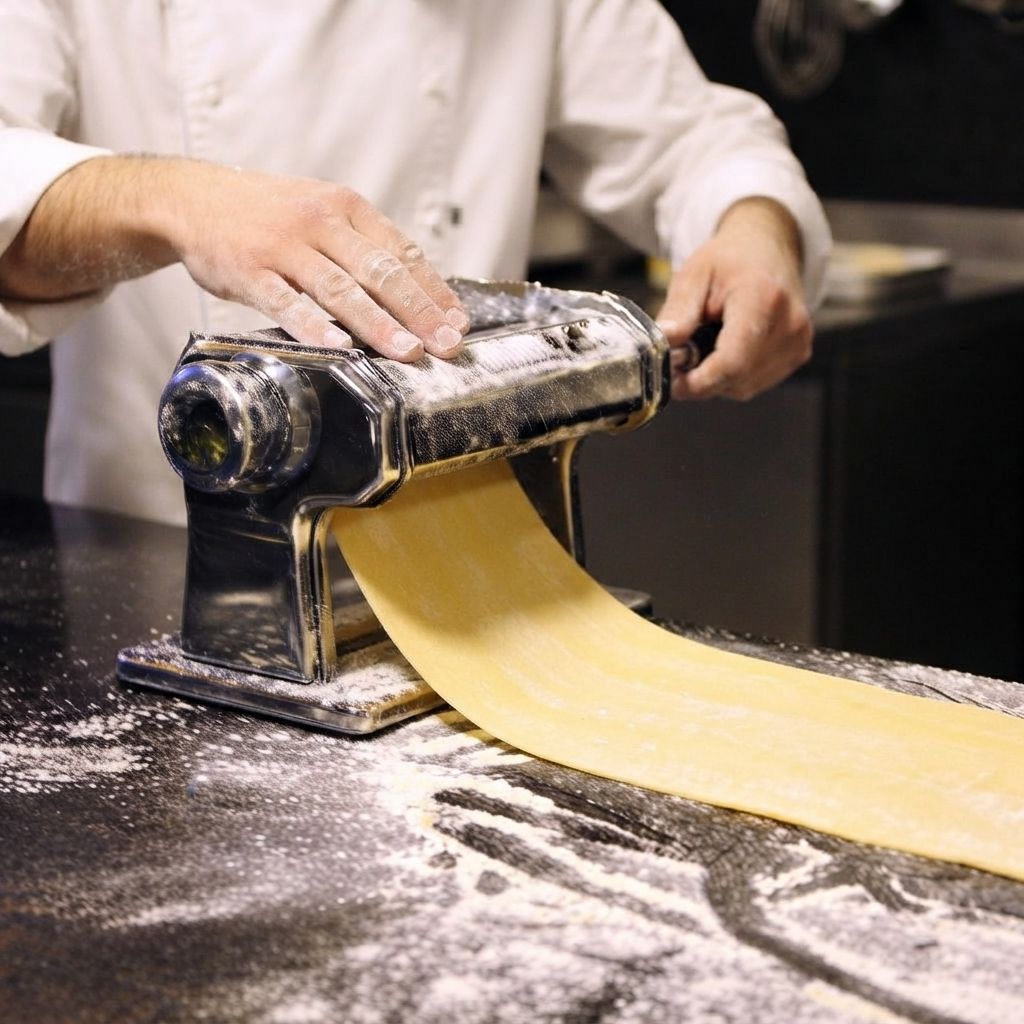 Frische Pasta wird mit einer Nudelmaschine in der Küche zubereitet