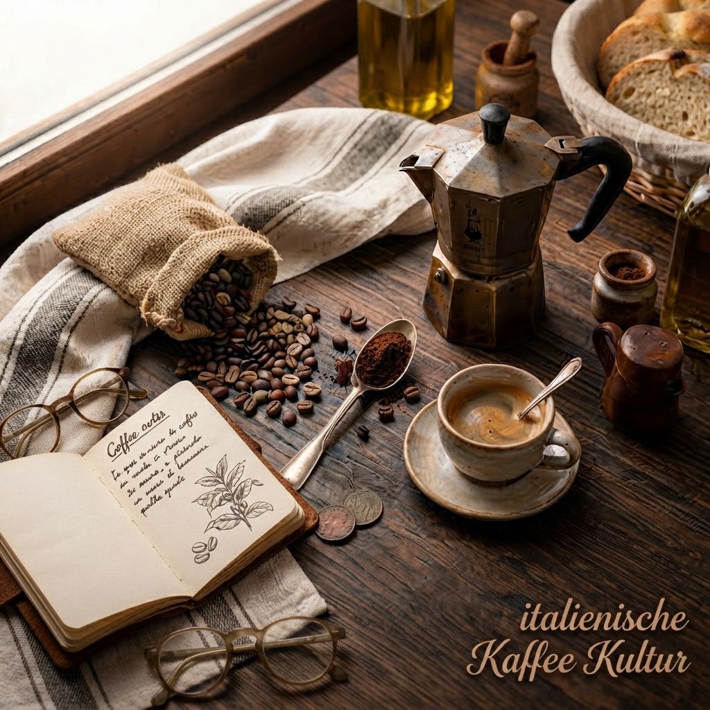 Italienische Kaffeekultur mit Espresso, Moka-Kanne und Kaffeebohnen für Gastronomie und Barbedarf