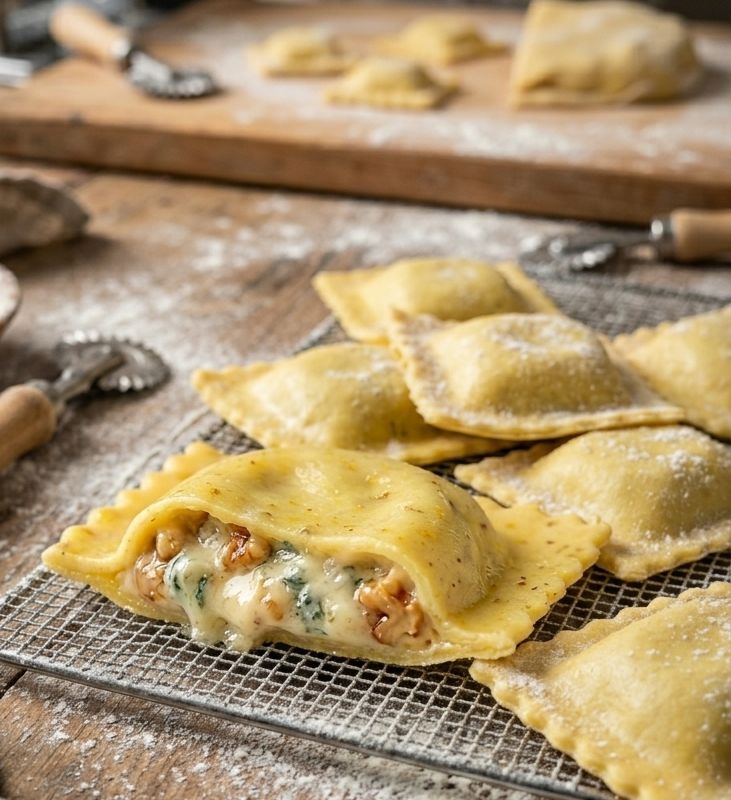 Frischer Raviolo mit Gorgonzola und Walnüssen Füllung