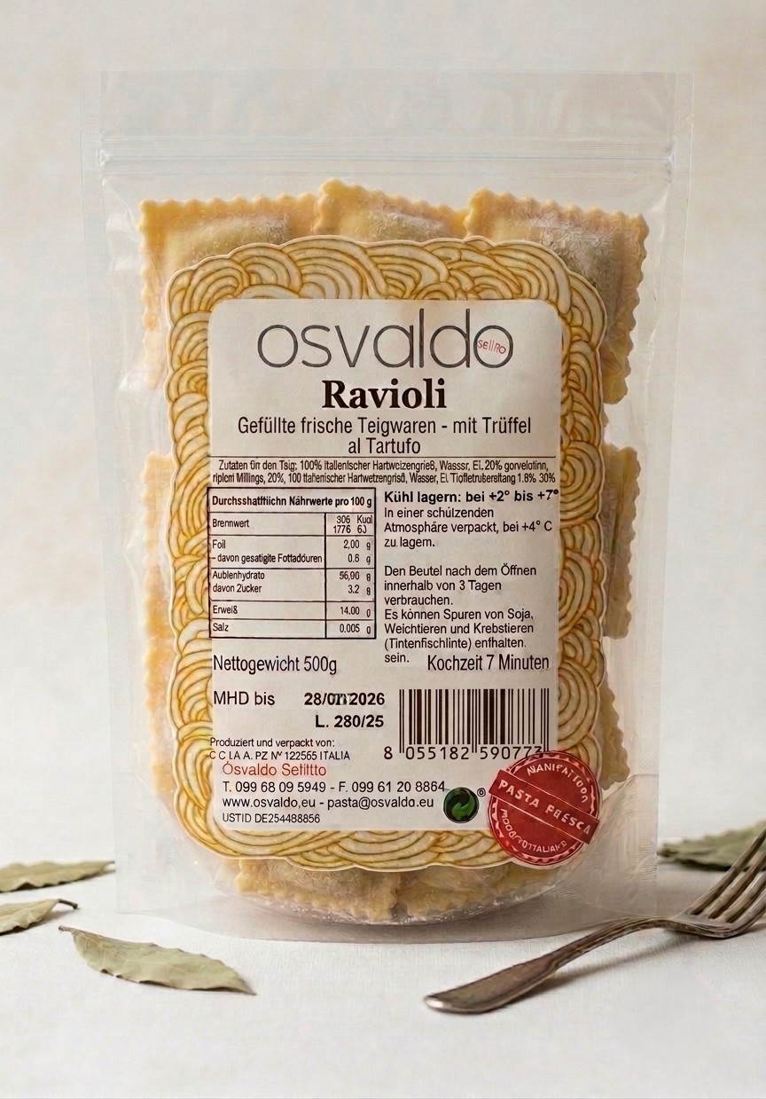 Frische Ravioli mit Trüffel Verpackung Osvaldo