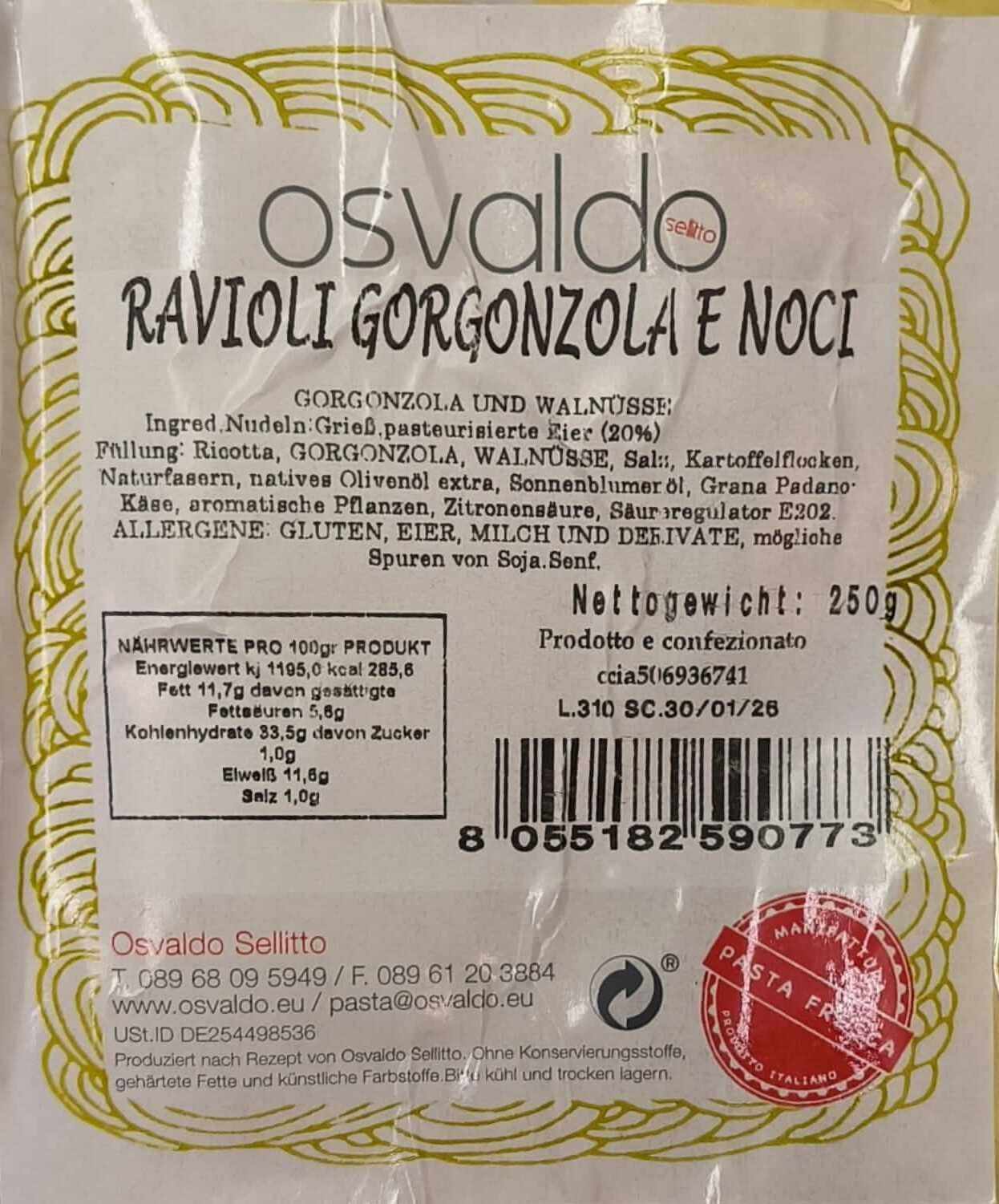 Frische Ravioli Gorgonzola e Noci Osvaldo Verpackung