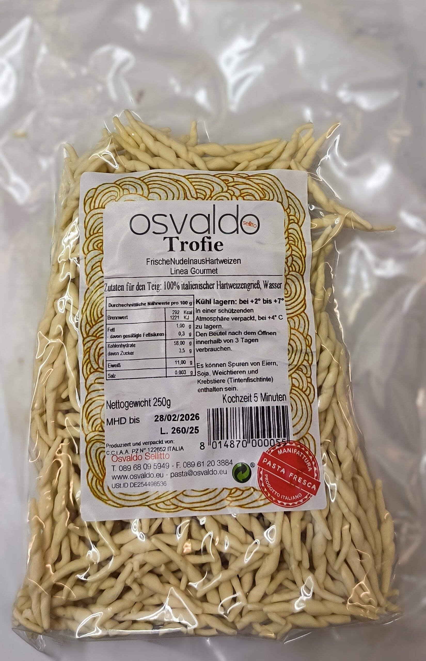 Etikett und Produktansicht von handgemachten Trofie Nudeln in Vakuumverpackung - Artikel 55